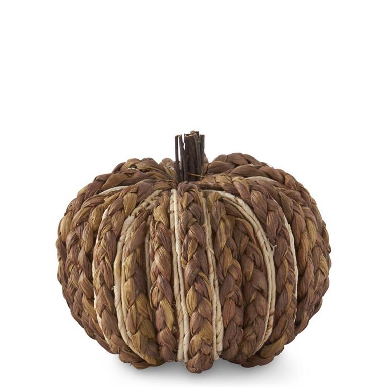 Brown Braided Corn Husk Pumpkin w/Twig Stem