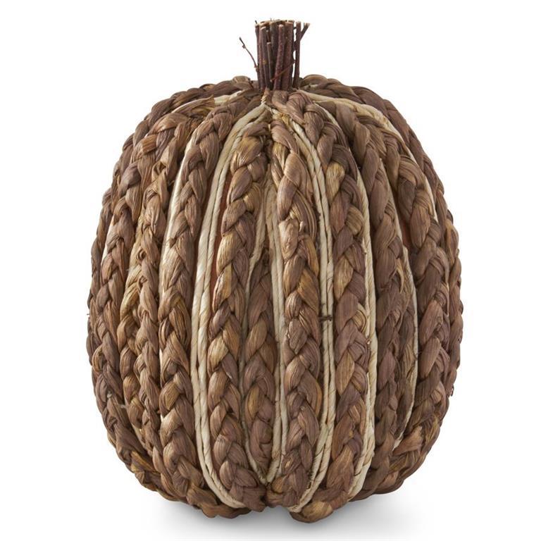 Brown Braided Corn Husk Pumpkin w/Twig Stem