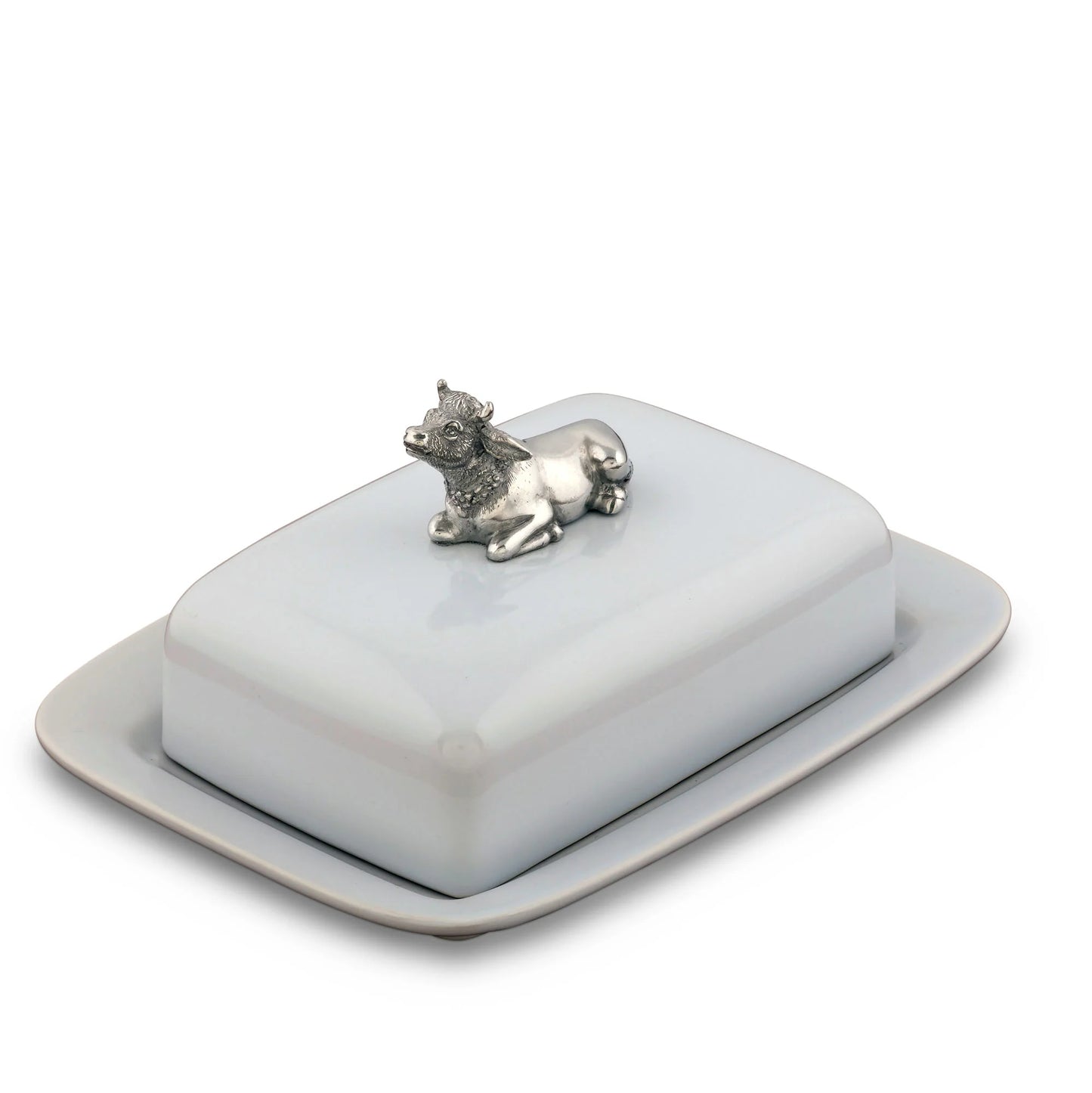Stoneware Butter Dish with Pewter Cow
