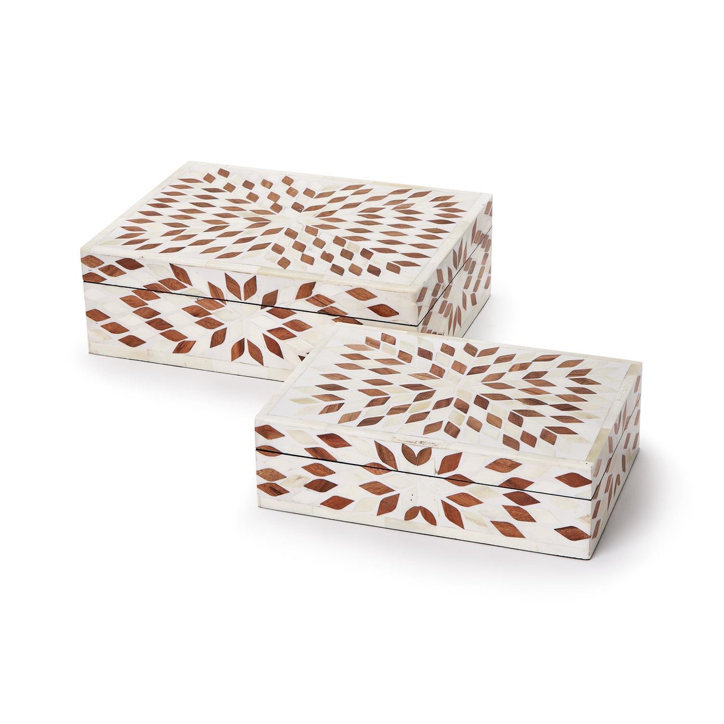 Bone and Acacia Wood Hinged Covered Boxes