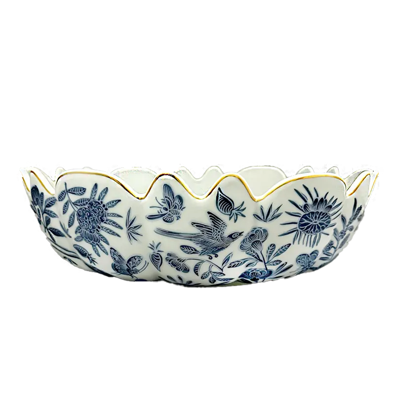 Blue Scared Bird and Butterfly Scalloped Bowl