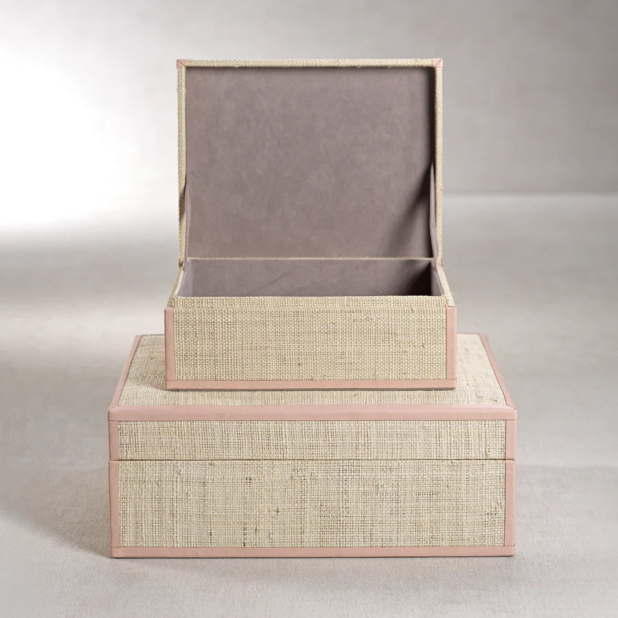 Raffia Boxes with Pink Leather Trim