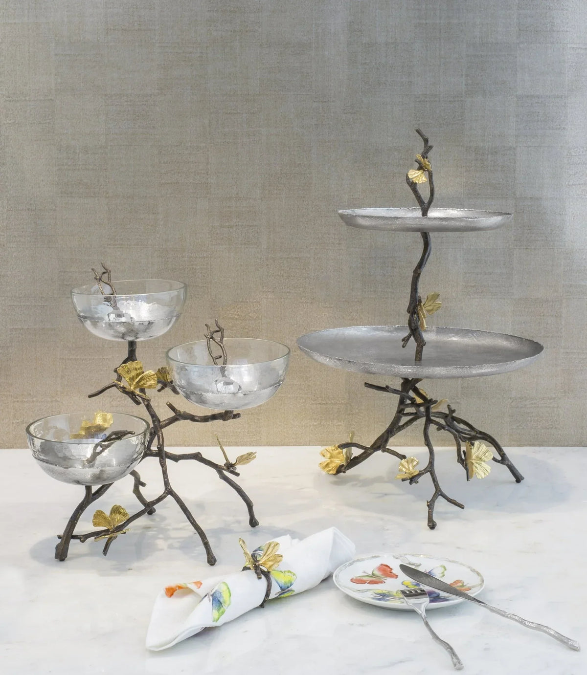 Butterfly Gingko Triple Bowl Set with Spoons