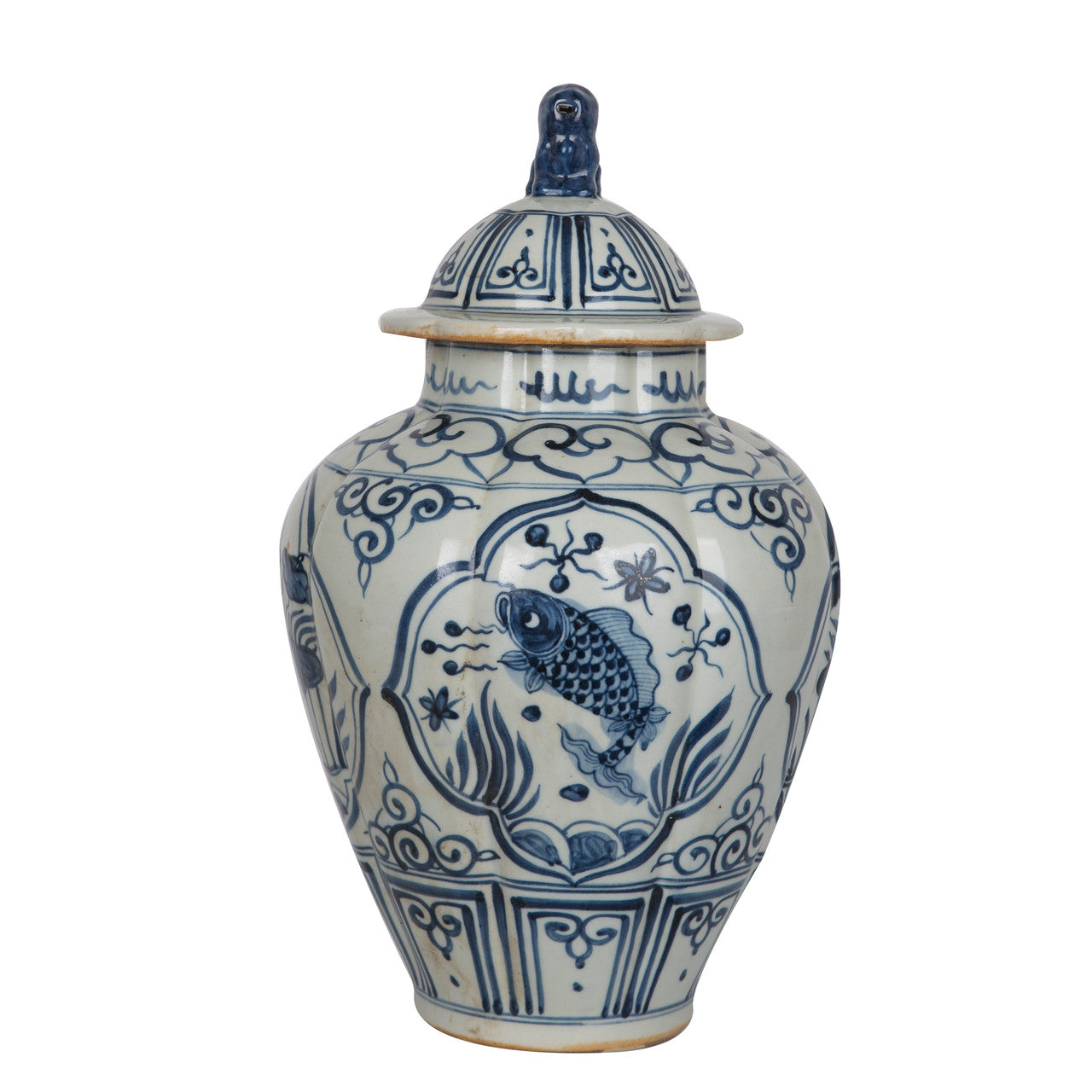 Blue And White Ridged Jar Fish Motif