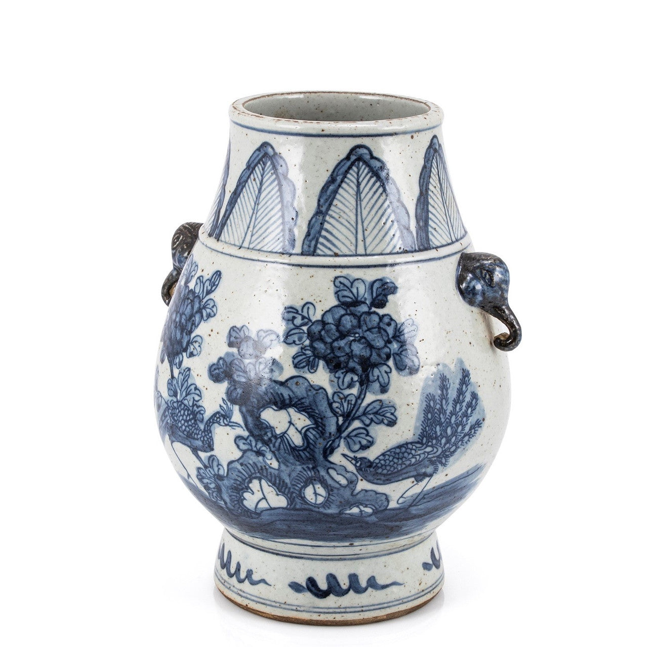 Blue and White Pheasant Flower Jar With Elephant Handle