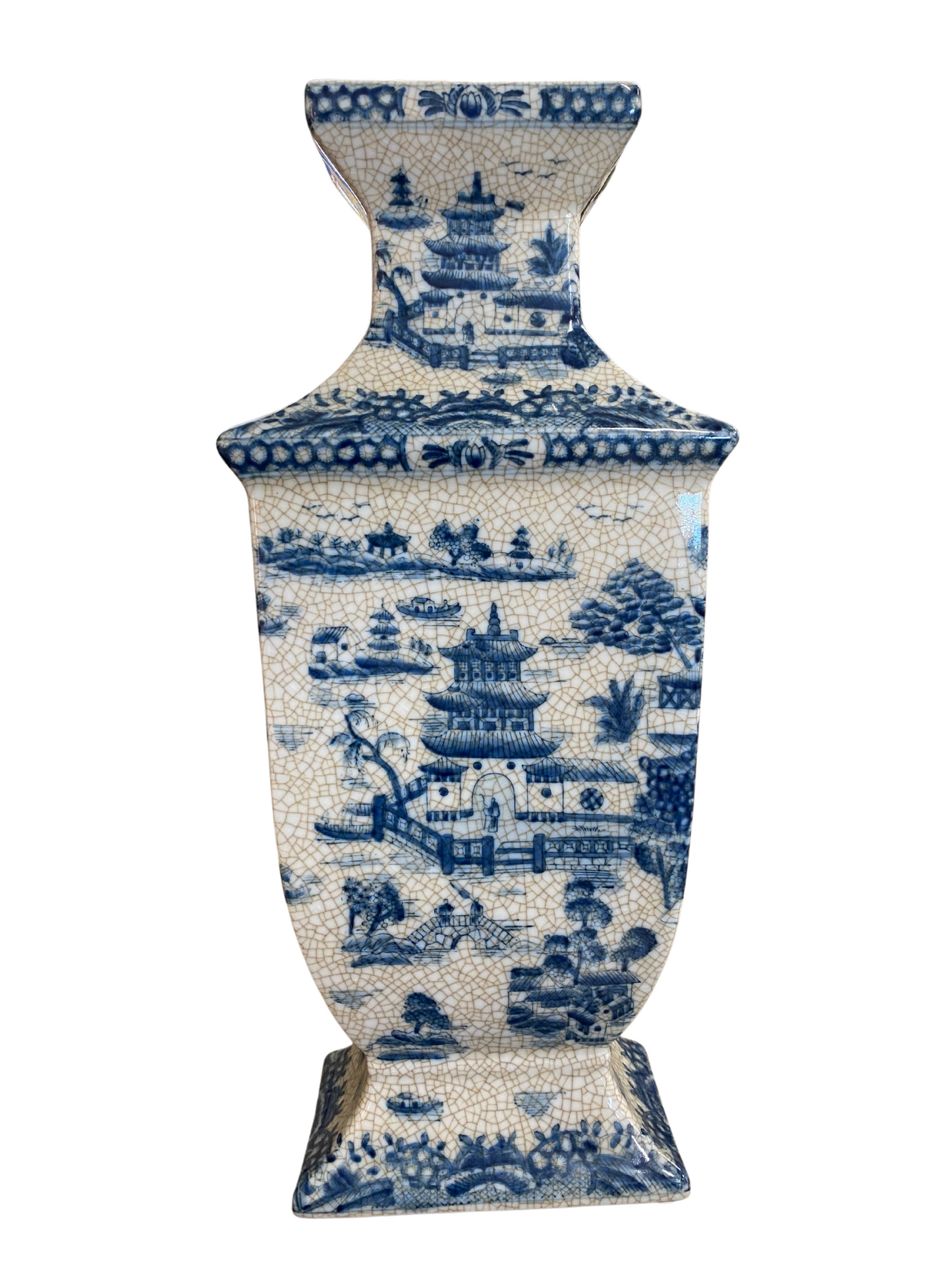 7" x 4.5" x 16" Blue Willow Rectangle Mantle Vase