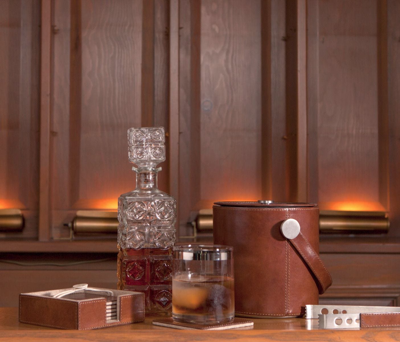 Bristol Leather Ice Bucket with Tongs