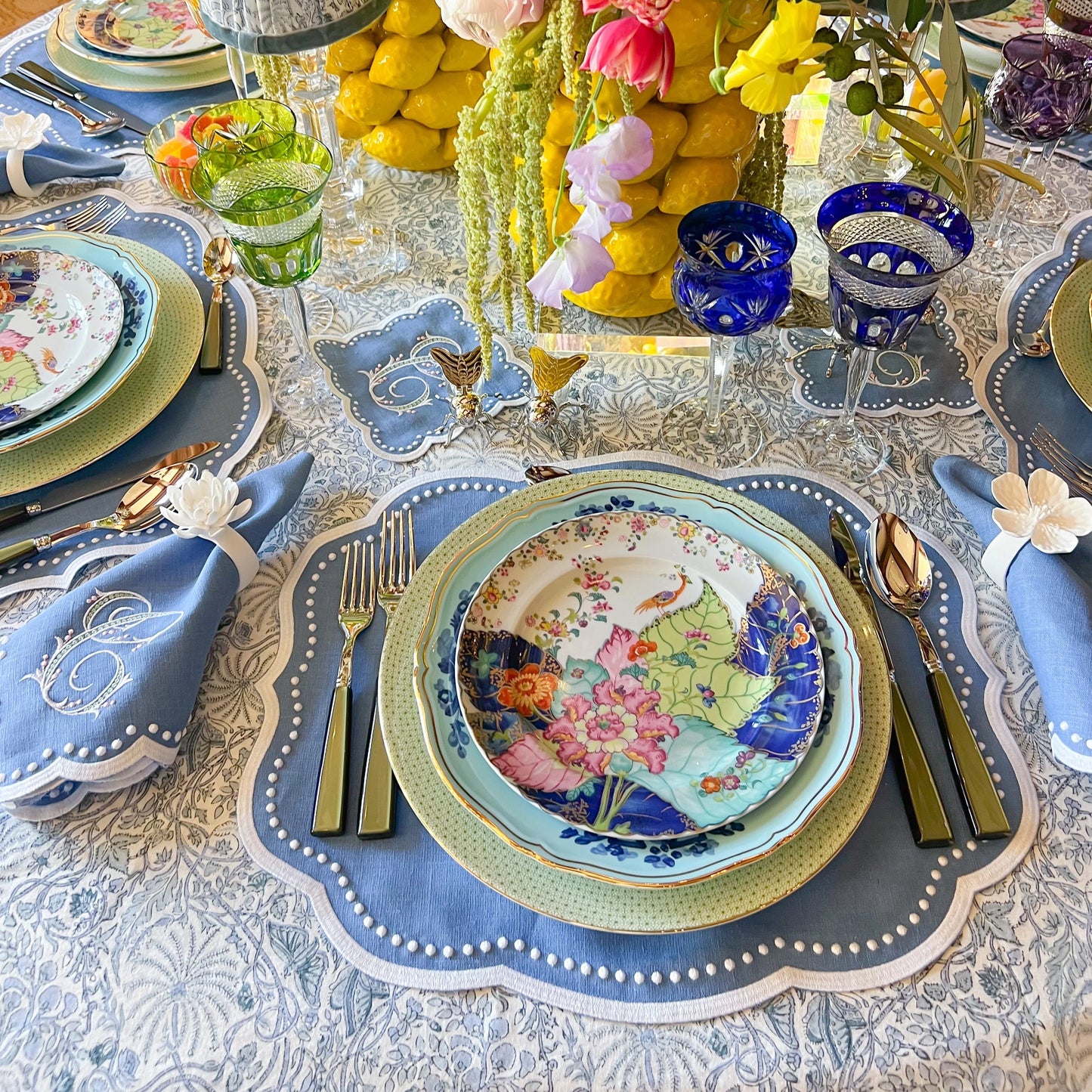 Blue Dots Wide Border Table Linens Set/4