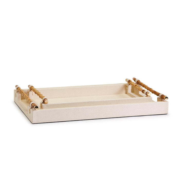 Cream Decorative Rectangle Tray w/ Bamboo Handles