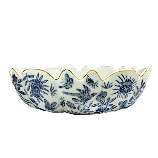 Blue Scared Bird and Butterfly Scalloped Bowl