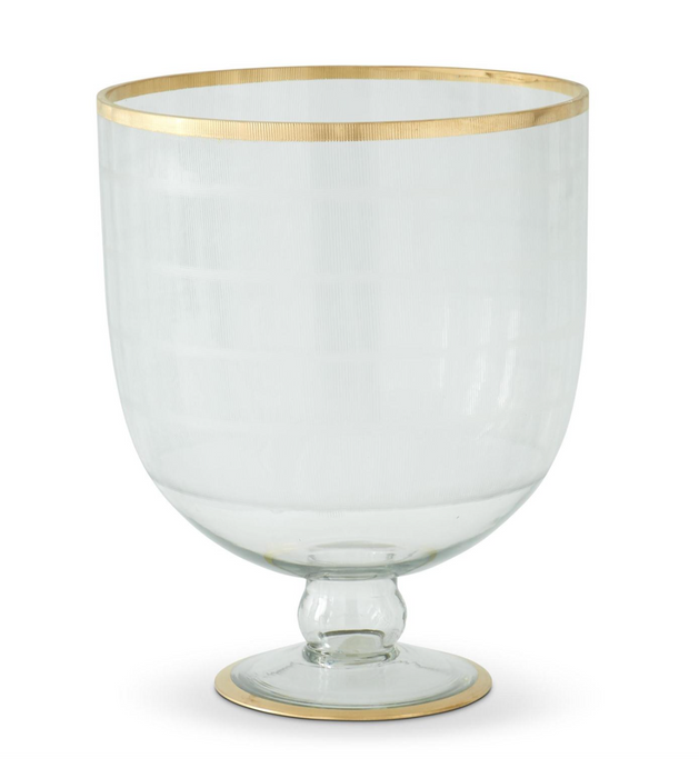 Glass Etched Vase with Painted Gold Rim & Base