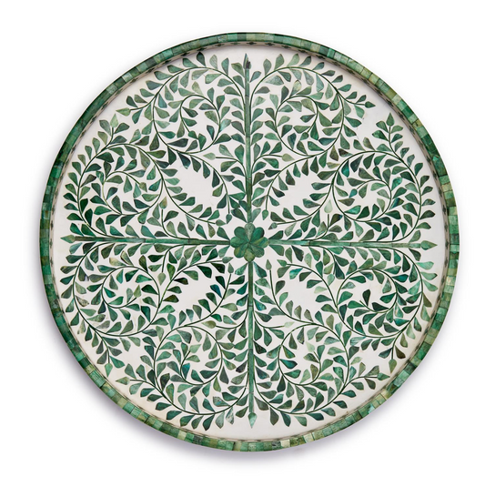 Jaipur Palace Green/White Inlaid Decorative Round Serving Tray