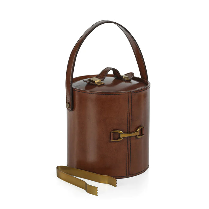 The Connaught Leather Ice Bucket with Gold Metal Ice Tongs