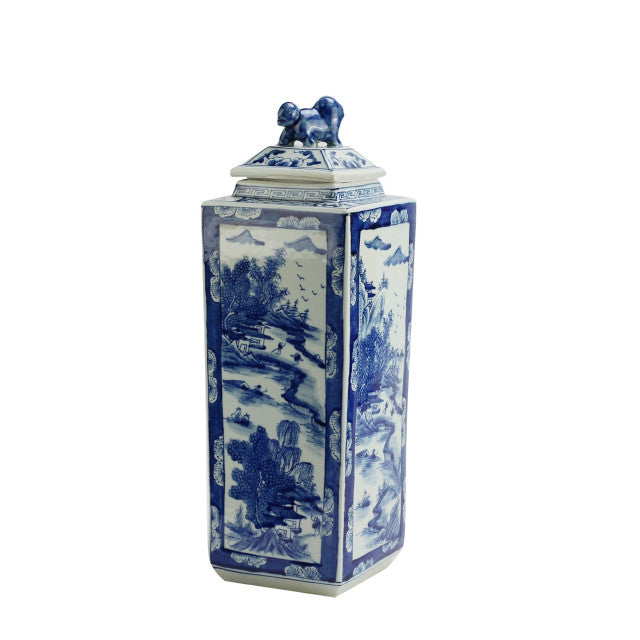 Blue & White Tall Square Jar - Landscape