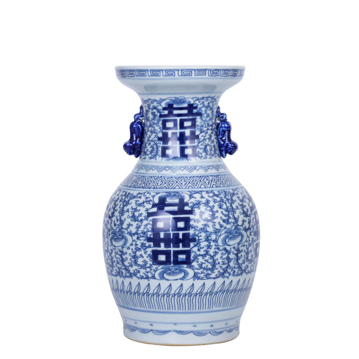 Blue And White Double Happiness Flower Vase With Ears