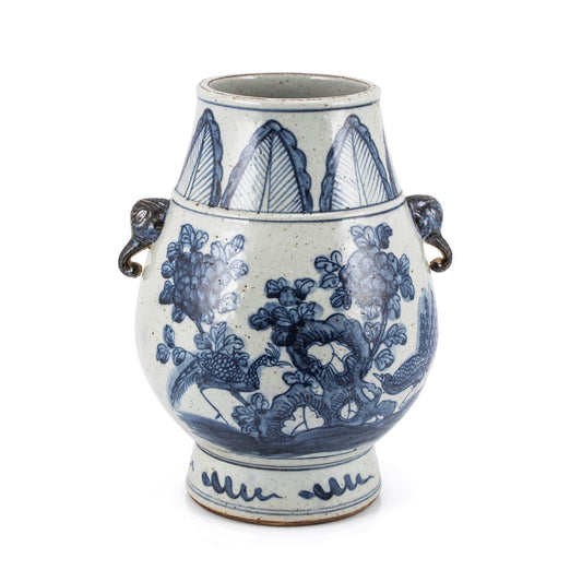 Blue and White Pheasant Flower Jar With Elephant Handle