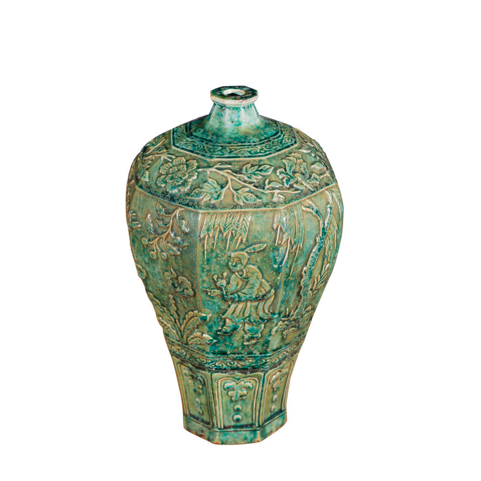 Speckled Green Carved People Octagonal Plum Vase