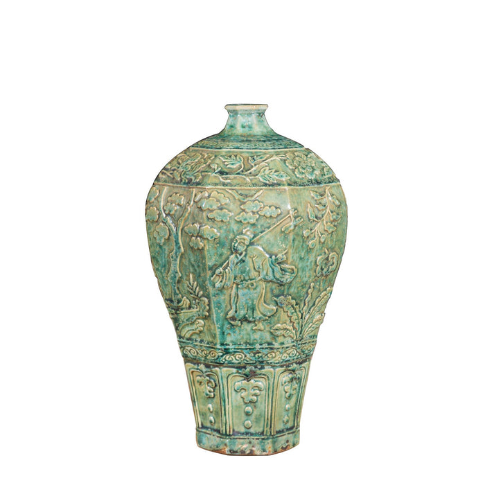 Speckled Green Carved People Octagonal Plum Vase
