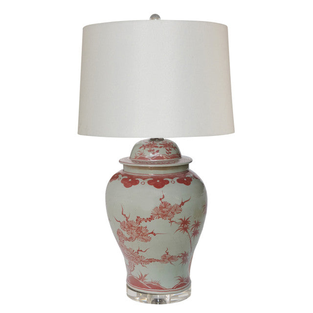 Coral Red Plum Tree Temple Jar Lamp