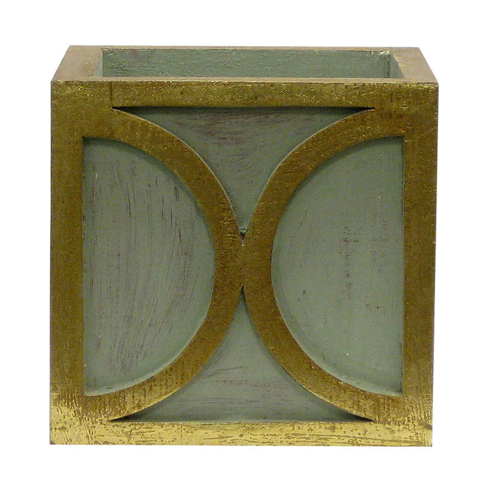 Wooden Square Container w/Half Circle - Green/Antique Gold