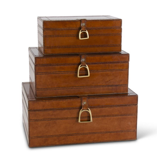 Brown Leather Suede Lined Nesting Boxes w/Stirrup Latch