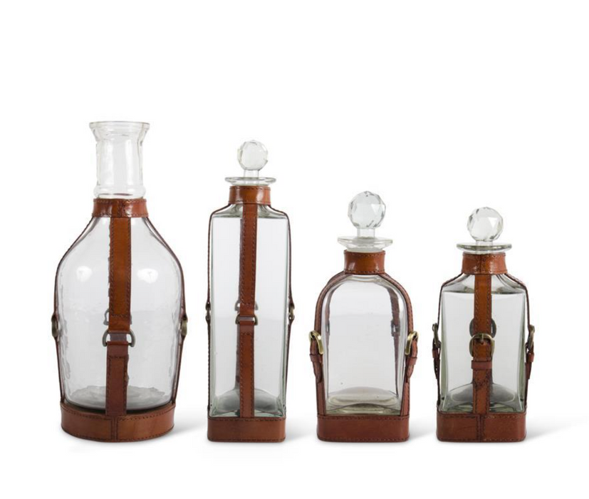 Glass Decanters w/Leather Straps and Metal Buckle Accent