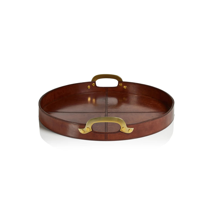 Aspen Leather Round Tray with Brass Handles