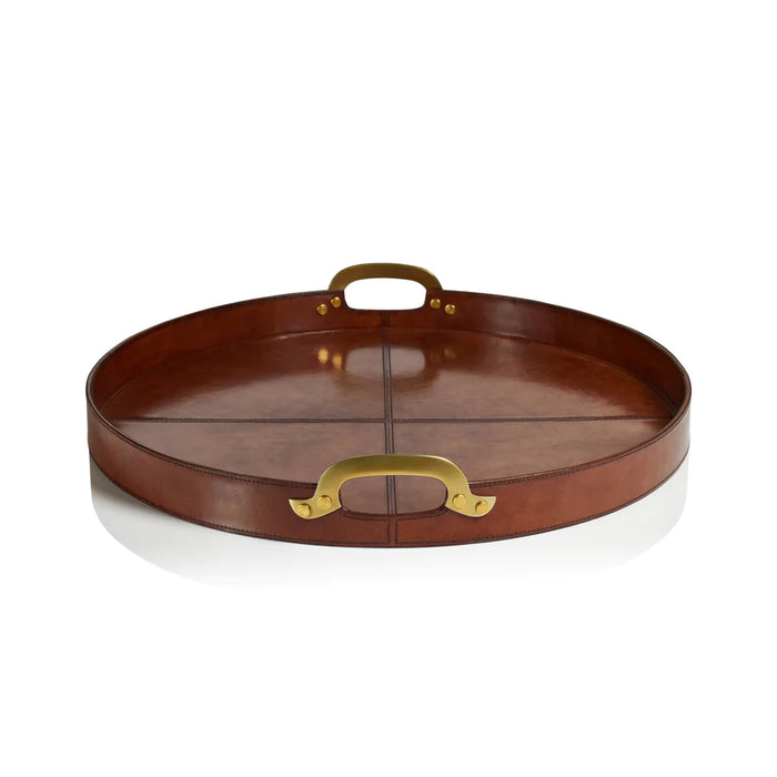 Aspen Leather Round Tray with Brass Handles