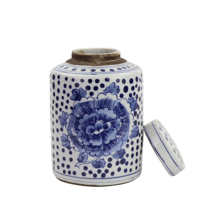 Blue & White Mini Tea Jar - Peony Dots